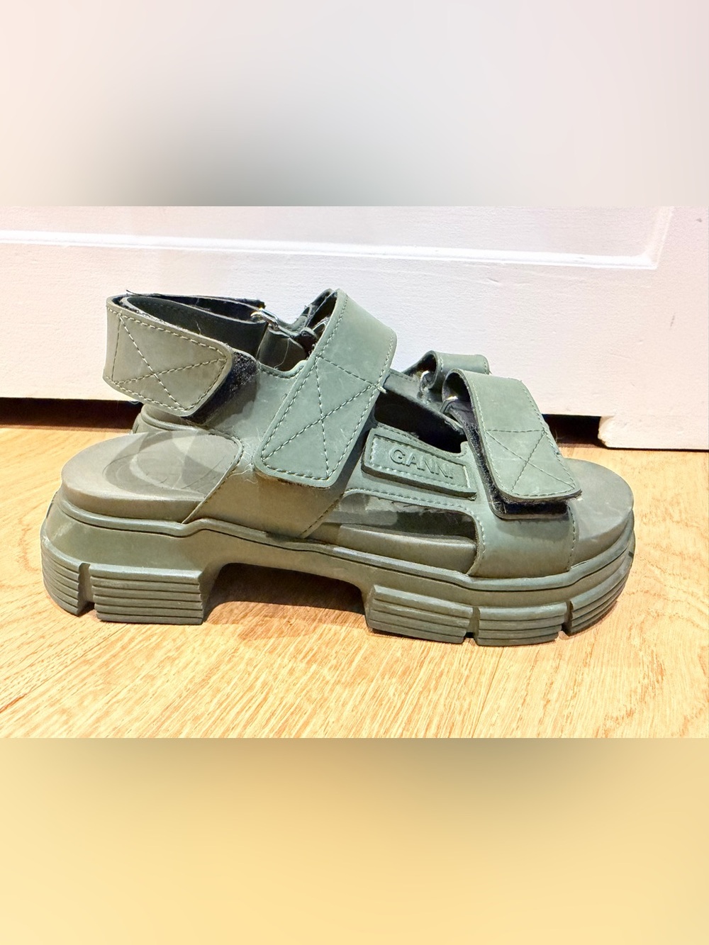 Ganni Olive Green Chunky Velcro Platform Sandals Sz 37 VGC